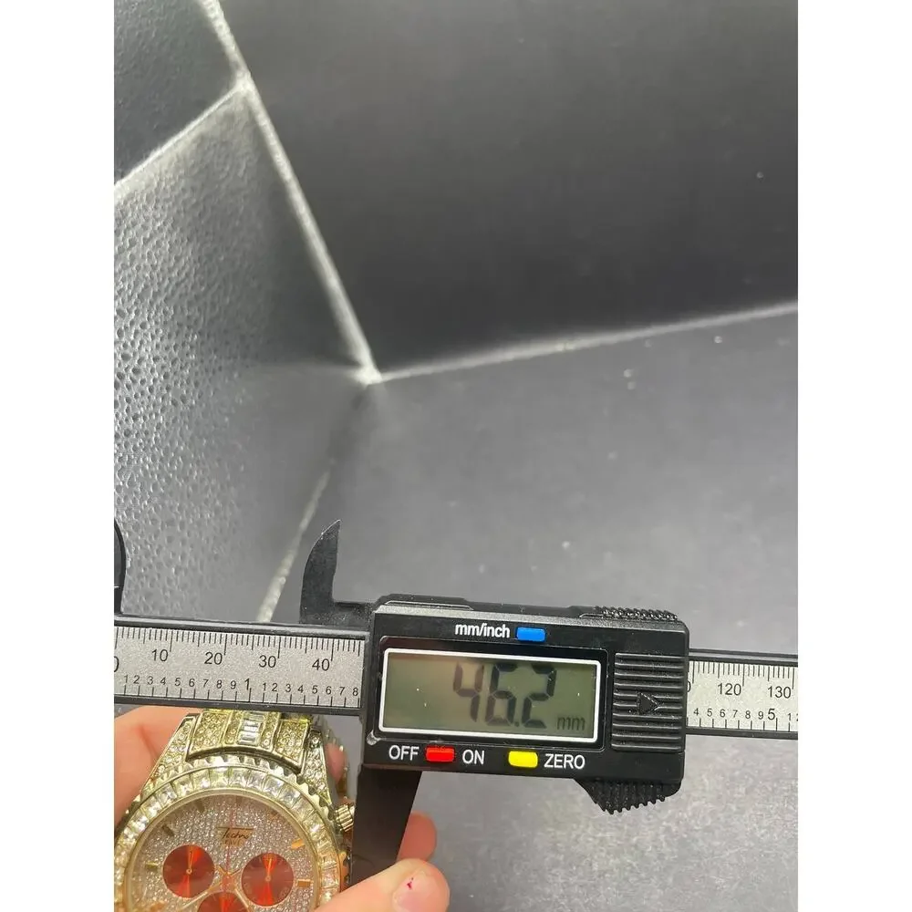 Techno Pave Mens Wristwatch Gold Tone Iced Out Rhinestone Red Dial Hip Hop Watch